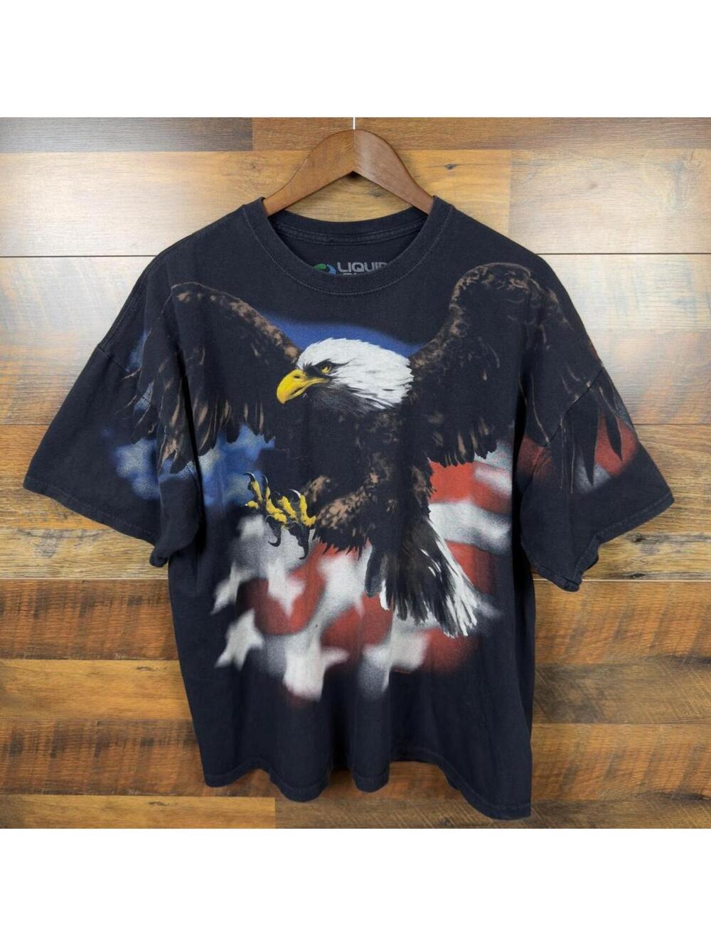 Liquid Blue Bald Eagle American Flag Mountain All Over Print T-Shirt 2XL